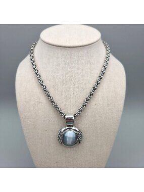 Byzantine Chain Necklace Blue Faceted Cats Eye Cabochon Pendant Magnetic Clasp